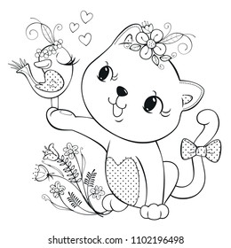 Coloring page outline, Cute cat girl holding beautiful bird on white background illustration vector.