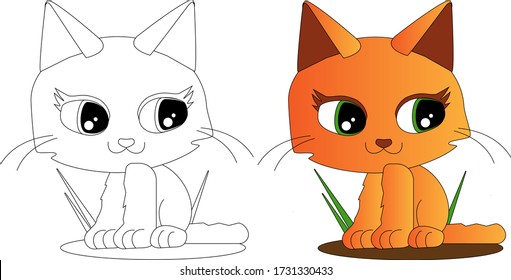 Coloring page outline, Cute cat on white background illustration vector. Colorless and colorful set in vector for kid and child