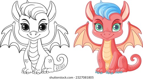 Coloring Page Outline of Cute Dragon illustration