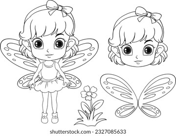 Esquema de página de color de la ilustración Cute Fairy Girl