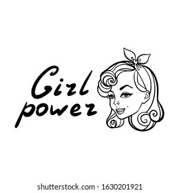 Coloring page outline, Cute pinup girl with text girl power isolated on white background illustration vector.