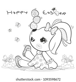 Coloring page outline, Cute rabbit girl in dress balancing easter eggs on her nose sitting in the flower garden isolated on white background illustration vector.