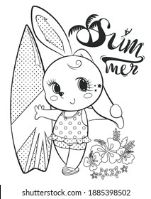Coloring page outline, Cute sport rabbit girl standing with her surfboard on the beach vector illustration.