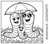 Coloring Page Outline Of Cute Worms Under Umbrella