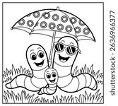 Coloring Page Outline Of Cute Worms Under Umbrella