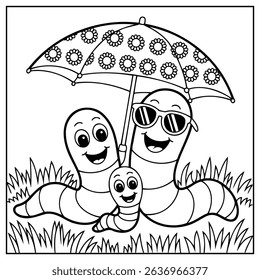 Coloring Page Outline Of Cute Worms Under Umbrella