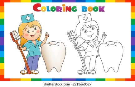 Coloring Page Outline Of dental doctor with toothbrush and tooth. Profession - dentist. Coloring book for kids.