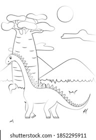 Coloring page outline of dinosaur on the background of nature. Vector illustration