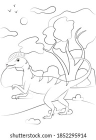 Coloring page outline of dinosaur on the background of nature. Vector illustration