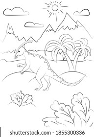 Coloring page outline of dinosaur on the background of nature. Vector illustration