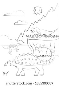 Coloring page outline of dinosaur on the background of nature. Vector illustration