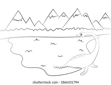 Coloring page outline of dinosaur on the background of nature. Vector illustration