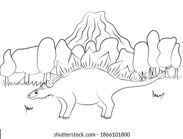 Coloring page outline of dinosaur on the background of nature. Vector illustration