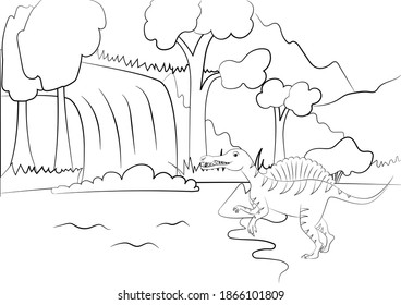 Coloring page outline of dinosaur on the background of nature. Vector illustration