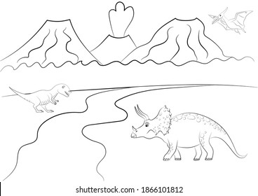 Coloring page outline of dinosaur on the background of nature. Vector illustration