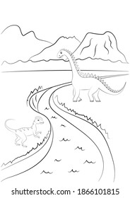 Coloring page outline of dinosaur on the background of nature. Vector illustration