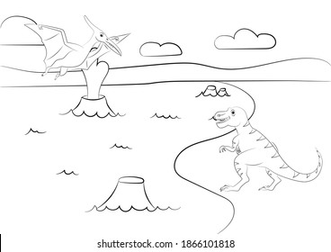 Coloring page outline of dinosaur on the background of nature. Vector illustration