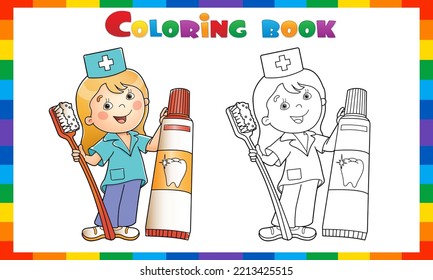 Colorante Esbozo de página del médico con cepillo de dientes y pasta dental. Libro de colorear para niños.