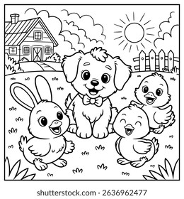 Coloring Page Outline Of a dog, rabbit, chicken and a duck