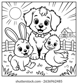 Coloring Page Outline Of a dog, rabbit, chicken and a duck