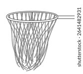 Coloring page with outline drawing of basketball hoop with rim and hanging net. School sports equipment. For entertaining kids, back to school black and white printable design, and DIY craft activity.