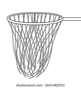 Coloring page with outline drawing of basketball hoop with rim and hanging net. School sports equipment. For entertaining kids, back to school black and white printable design, and DIY craft activity.