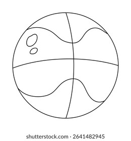 Coloring page with outline drawing of basketball ball with stylized lines and highlights. Physical education lesson. For entertaining kids activity, back to school black and white printable design.