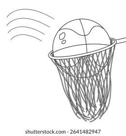 Coloring page with outline drawing of basketball ball going through hoop. School sports and physical education lesson concept. For entertaining kids activity, back to school black and white design.