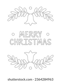 Coloring page, outline drawing for coloring book. Merry Christmas poster, card, banner. Hand drawn vector illustration elements