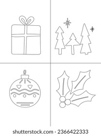 Coloring page, outline drawing for coloring book. Set of hand drawn Christmas symbol element illustrations. Present, gift, forest trees, bulb with ornament