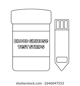 Dibujo para colorear de un recipiente etiquetado - tiras reactivas de glucosa en sangre - con una tira reactiva colocada al lado. Para entretener la actividad de los niños, el diseño en blanco y negro de diabetes mellitus.