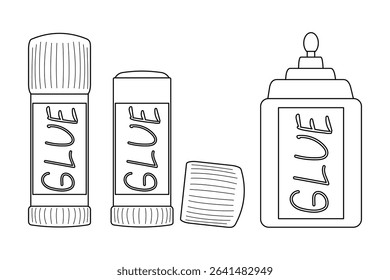 Coloring page with outline drawing of different types school craft supplies set with glue sticks and liquid glue bottle. For entertaining kids activity, back to school black and white printable design