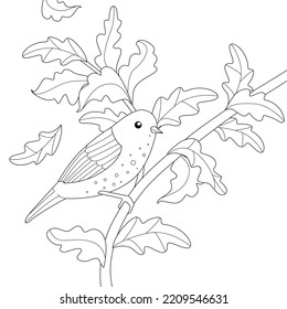 A Coloring Page With An Outline Drawing Of A Flying Animal. A Pretty Bird Sitting On A Leafy Branch Of An Oak Tree With Fall Leaves. Black And White Vector Illustration Of Nature For Colouring Book