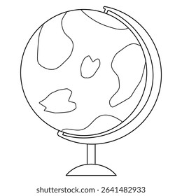 Coloring page with outline drawing of globe showing stylized continents and ocean. Geography lesson. For entertaining kids, back to school black and white printable design, and DIY craft activity.