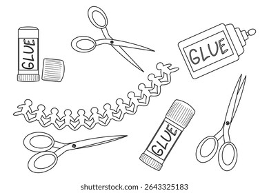 Coloring page with outline drawing of school supplies set with glue sticks, scissors and paper people cutouts. For entertaining kids activity, back to school black and white design, and DIY craft.