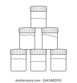 Coloring page with outline drawing of set paint jars in pyramid shape. School art supplies for creative learning. For entertaining kids, back to school black and white design, and DIY craft activity.
