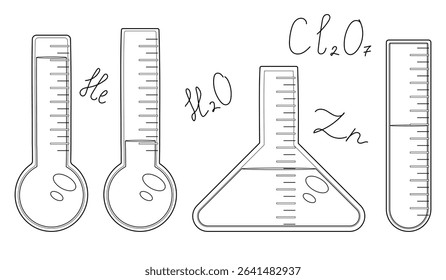 Coloring page with outline drawing of set chemistry flasks with liquids and chemical formulas. For entertaining kids, back to school or education black and white printable design, DIY craft activity.