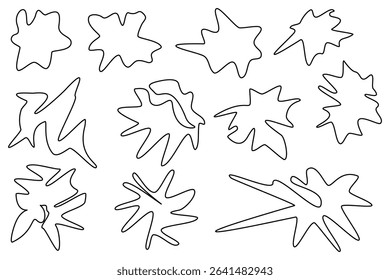 Coloring page with outline drawing of set abstract paint splashes of different shapes. Artistic elements for school creativity. For entertaining kids activity, back to school black and white design.