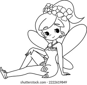 Coloring page outline of Fairy and flower isolated on white background 