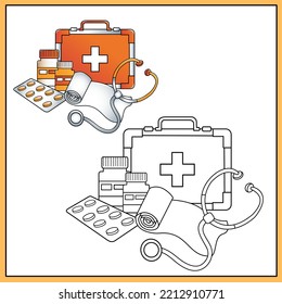 Coloring Page Outline Of First Aid Kit And Professional Instruments Of Doctor. Medical Logo. Coloring Book For Kids.