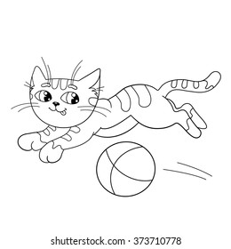Coloring Page Outline Of a fluffy cat playing with ball. Coloring book for kids 
