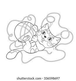 Coloring Page Outline Of a fluffy kitten playing with ball of yarn