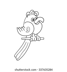 Coloring page outline of funny bird. Parrot. Hand drawn comic animals for kids.
