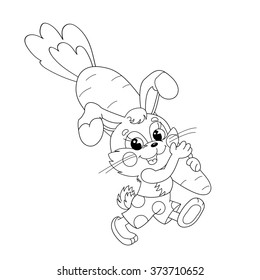 Coloring Page Outline Of funny Bunny carrying big carrot. Coloring book for kids