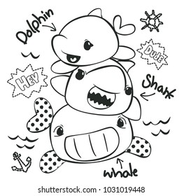 Coloring page outline, Funny cartoon sea animals with whale, shark and dolphin isolated on white background illustration vector.