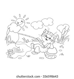 Coloring Page Outline Of a funny cat catching a fish on a pond