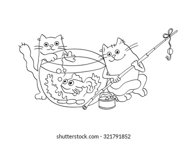 Coloring Page Outline Of funny cats catching  goldfish from the aquarium 