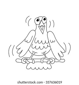 Coloring page outline of funny singing bird. Hand drawn comic animals for kids.