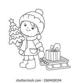 Coloring Page Outline Of girl with gifts at Christmas tree. Christmas. New year. Coloring book for kids
