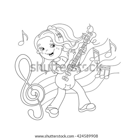 Coloring Page Outline Of Girl Playing The Guitar With Melody And Music Book For